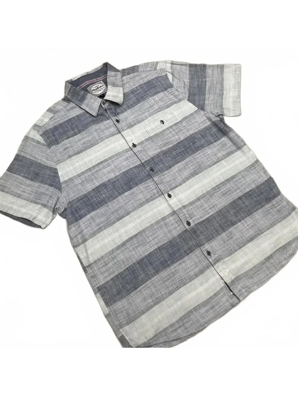 Flag & Anthem Short Sleeve Button Down Shirt mens Large Gray Blue Striped Cotton - Picture 2 of 8